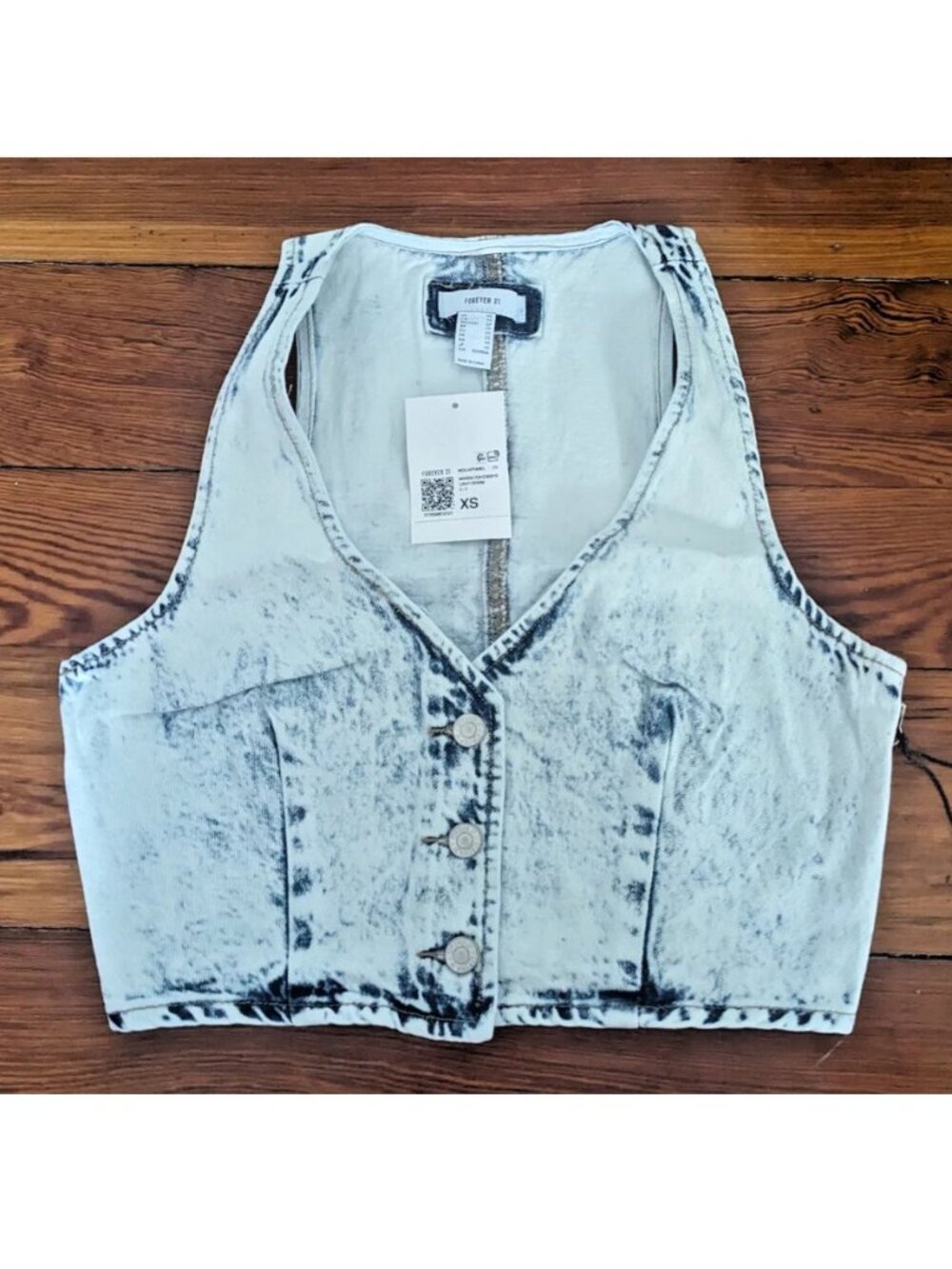 Bleach wash denim sleeveless button down cropped vest top Women's XS y2k 90s